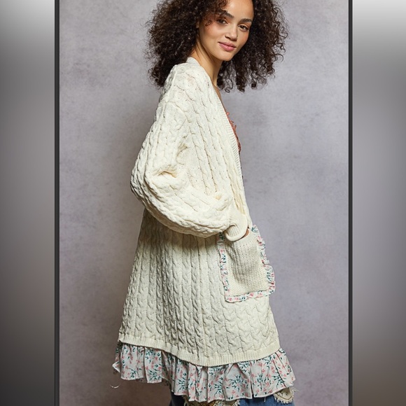 POL Cream Cable Knit Cardigan with Floral Trim - Picture 3 of 6